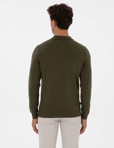 Koyu Haki Slim Fit Polo Yaka Fermuarlı Basic Triko Kazak