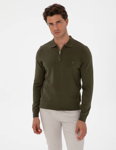 Koyu Haki Slim Fit Polo Yaka Fermuarlı Basic Triko Kazak