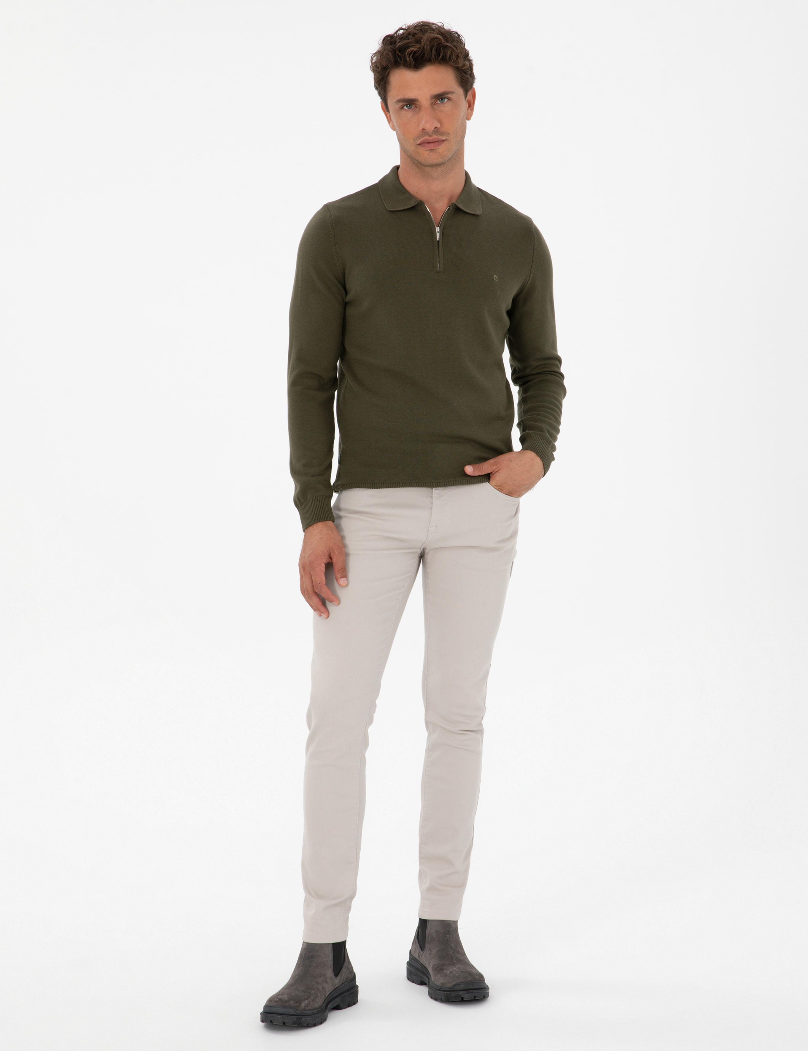 Koyu Haki Slim Fit Polo Yaka Fermuarlı Basic Triko Kazak