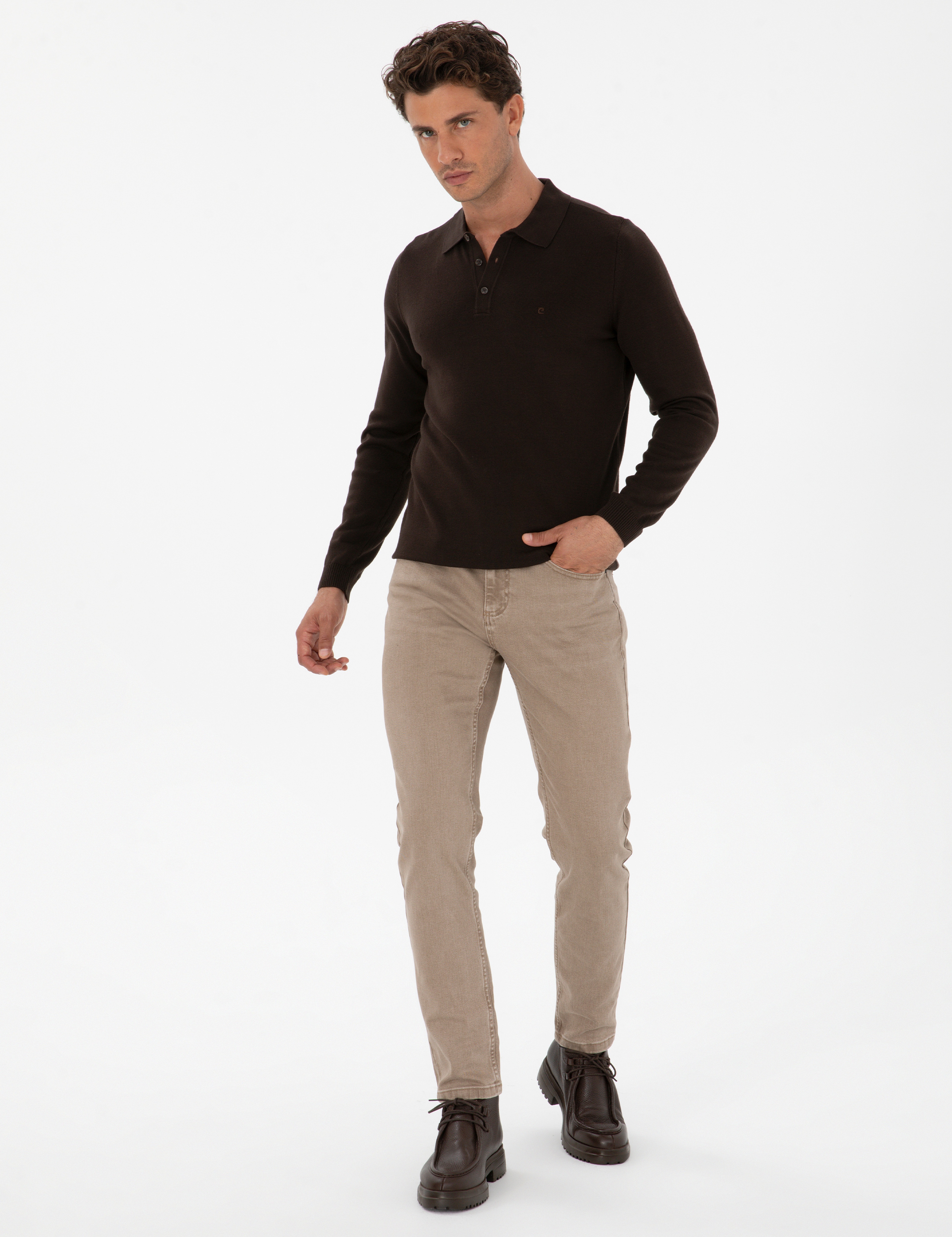 Koyu Kahverengi Slim Fit Polo Yaka Basic Triko Kazak - Image 4