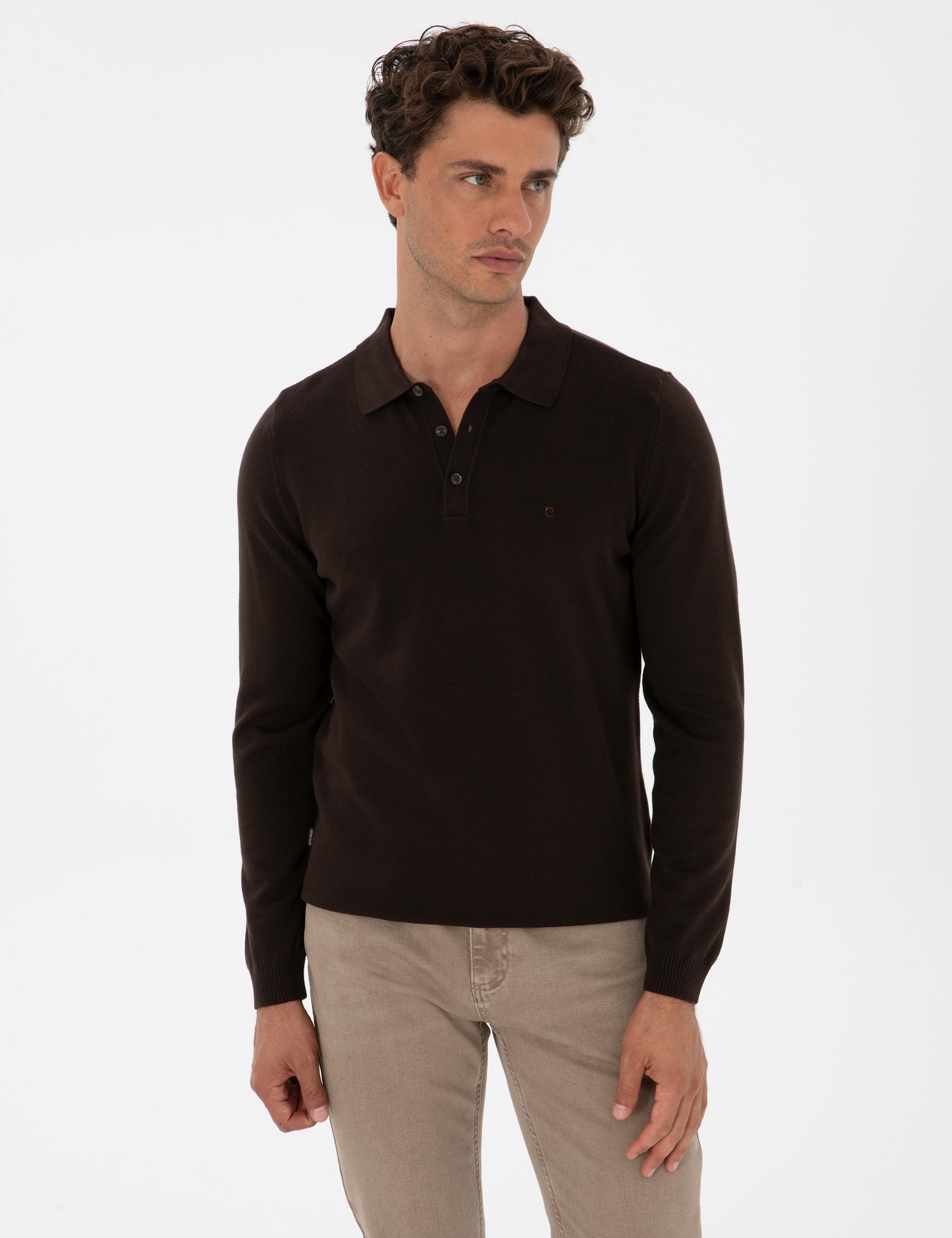 Koyu Kahverengi Slim Fit Polo Yaka Basic Triko Kazak