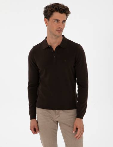 Koyu Kahverengi Slim Fit Polo Yaka Basic Triko Kazak