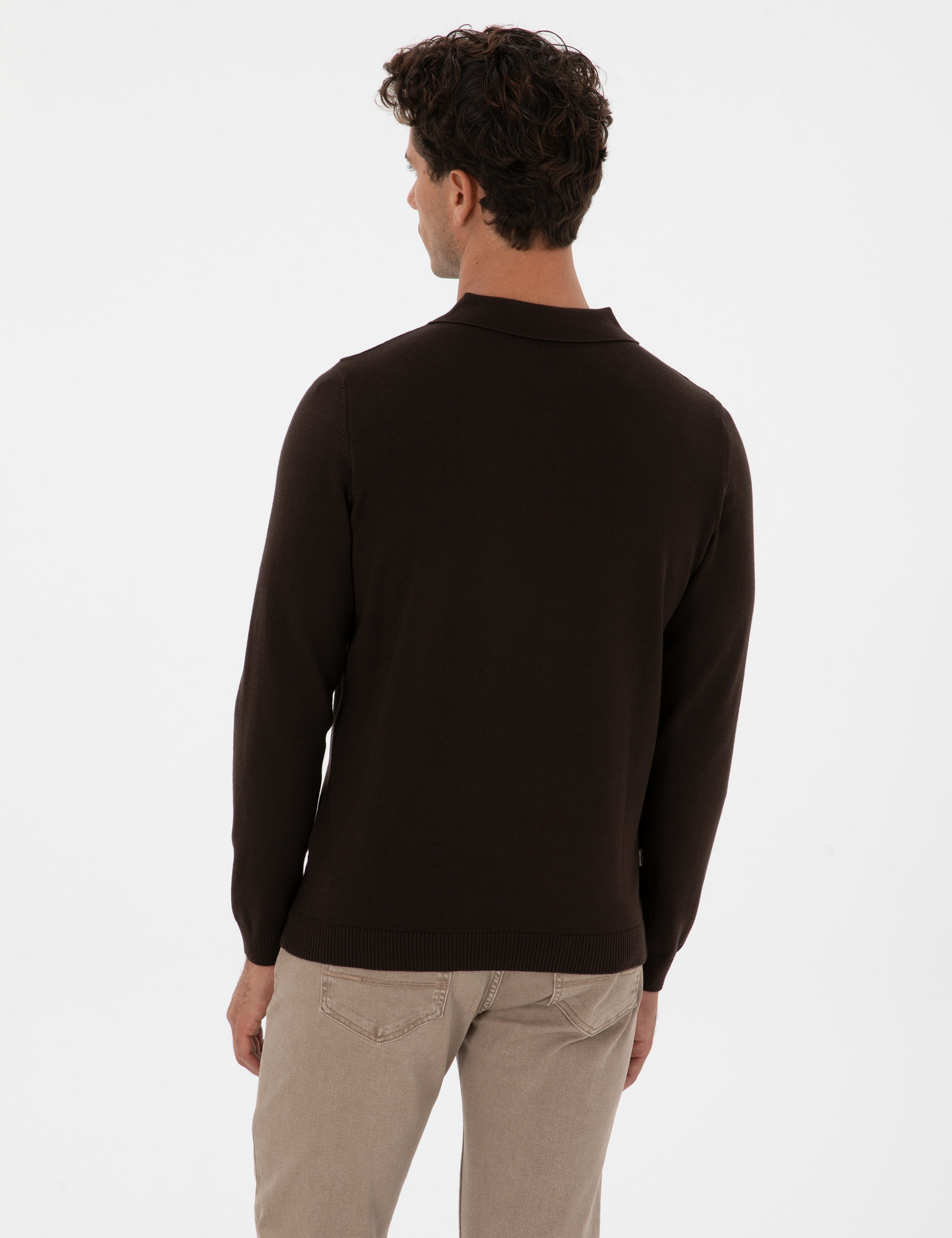 Koyu Kahverengi Slim Fit Polo Yaka Basic Triko Kazak - Image 5