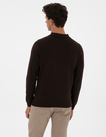 Koyu Kahverengi Slim Fit Polo Yaka Basic Triko Kazak - 50315405027