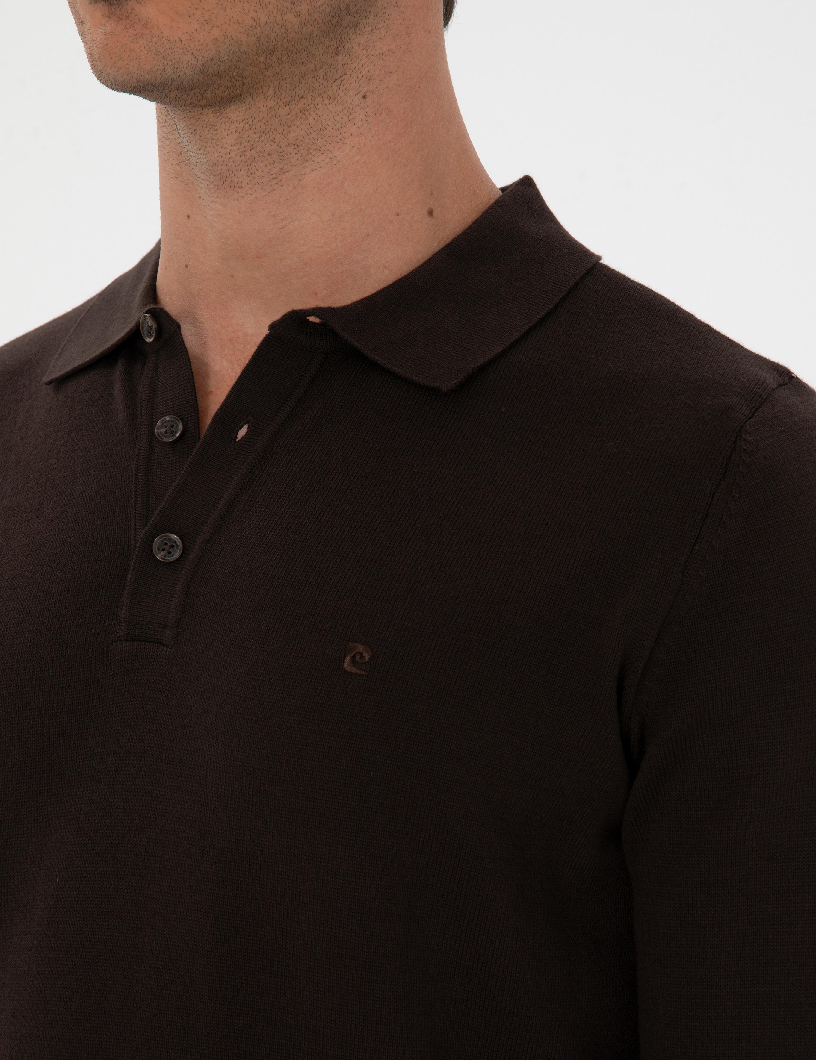 Koyu Kahverengi Slim Fit Polo Yaka Basic Triko Kazak