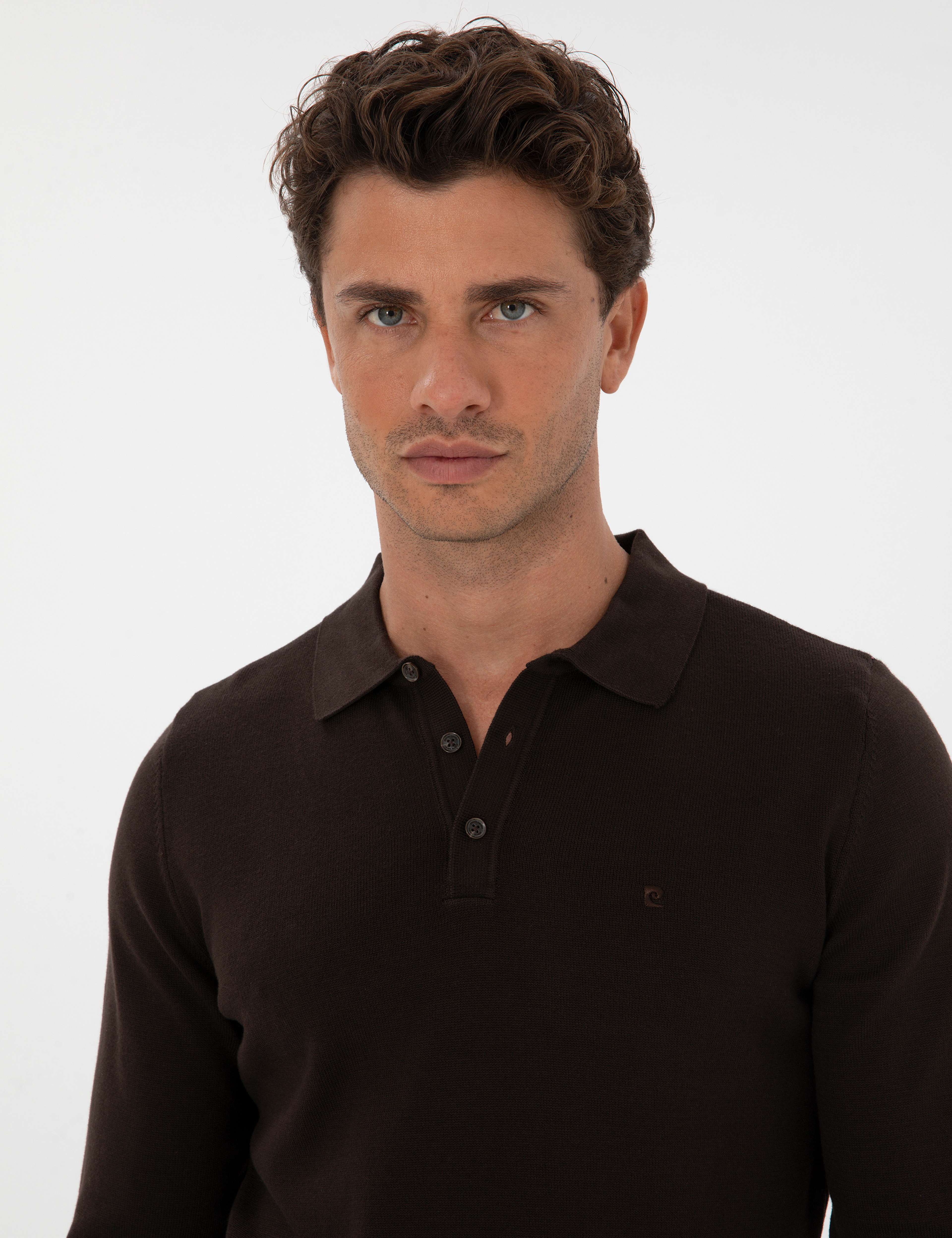 Koyu Kahverengi Slim Fit Polo Yaka Basic Triko Kazak - Image 2
