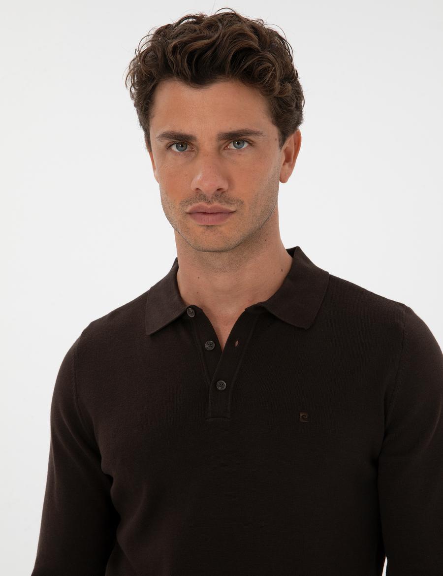 Koyu Kahverengi Slim Fit Polo Yaka Basic Triko Kazak