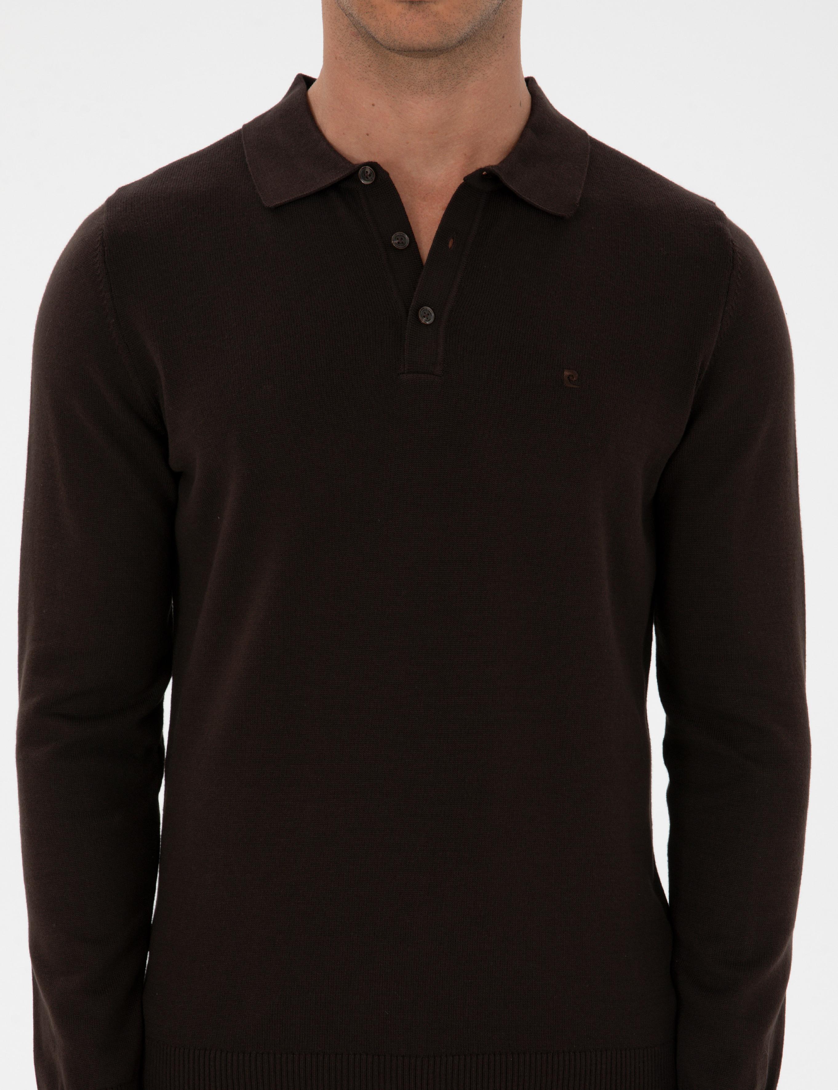 Koyu Kahverengi Slim Fit Polo Yaka Basic Triko Kazak