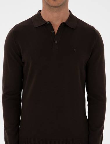 Koyu Kahverengi Slim Fit Polo Yaka Basic Triko Kazak