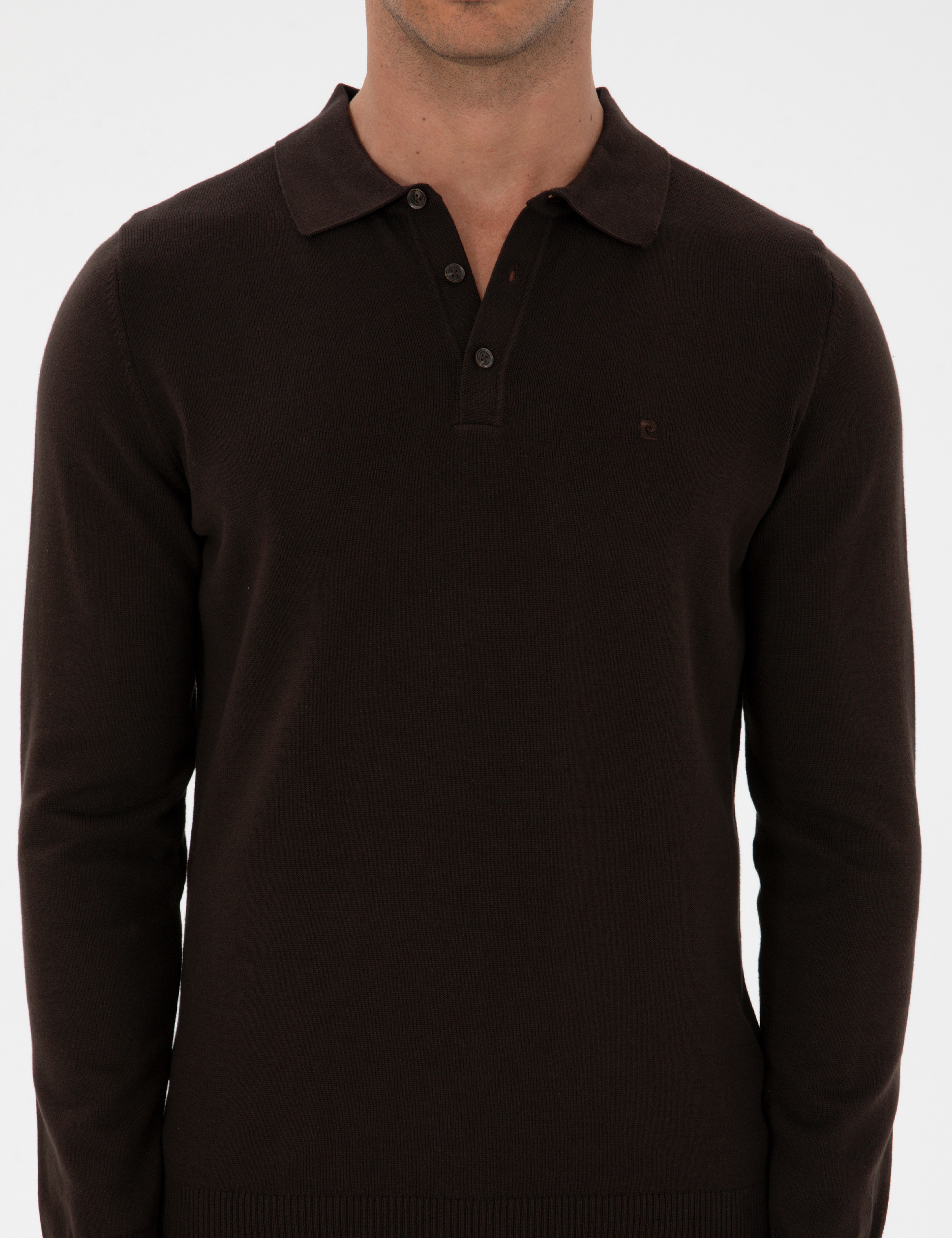 Koyu Kahverengi Slim Fit Polo Yaka Basic Triko Kazak - Image 6