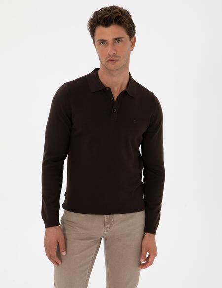Koyu Kahverengi Slim Fit Polo Yaka Basic Triko Kazak - 50315405027