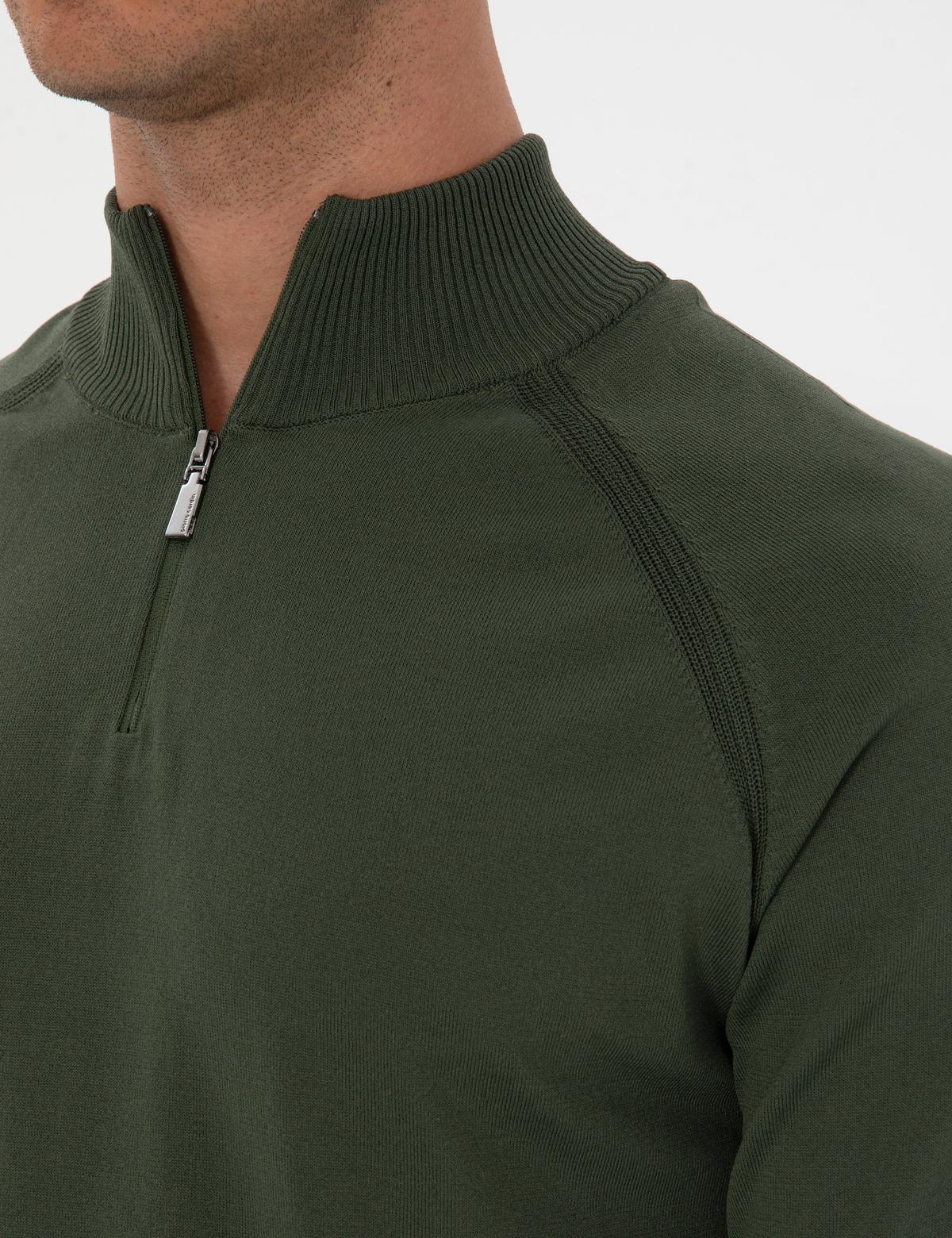 Koyu Haki Slim Fit Dik Yaka Fermuarlı Triko Kazak - 50315752029