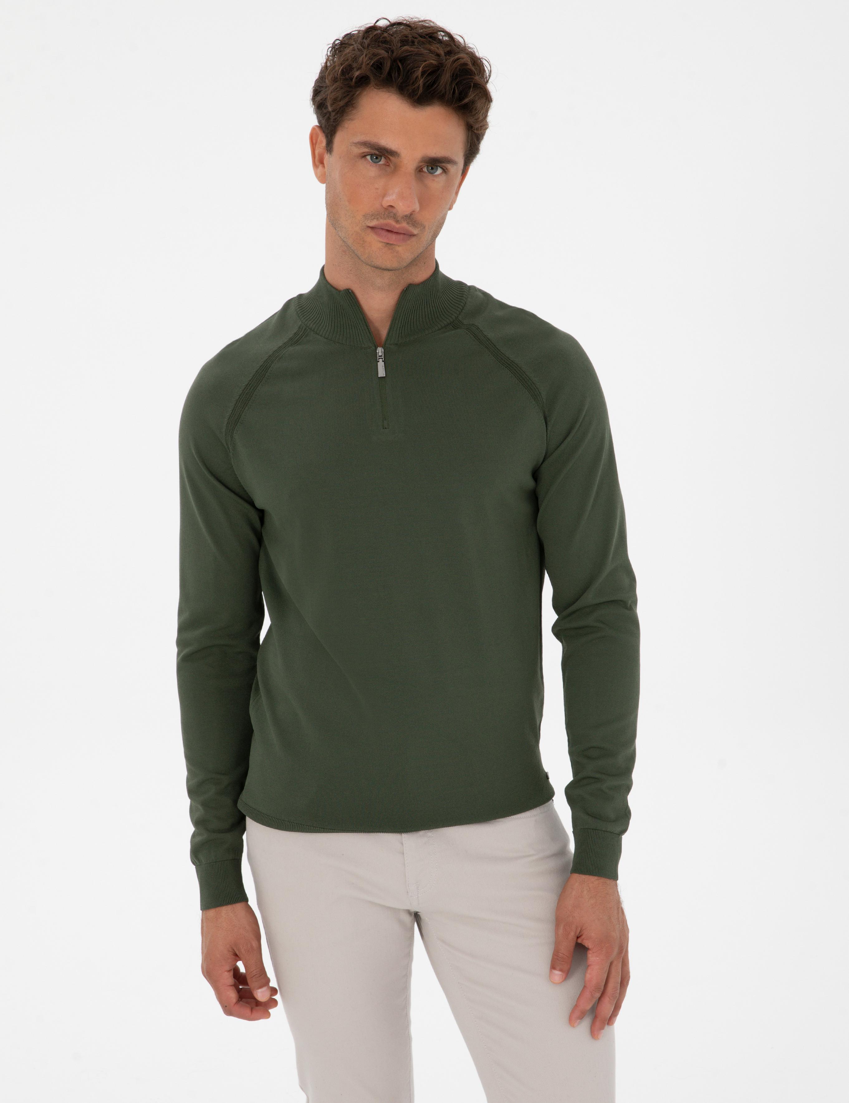 Koyu Haki Slim Fit Dik Yaka Fermuarlı Triko Kazak