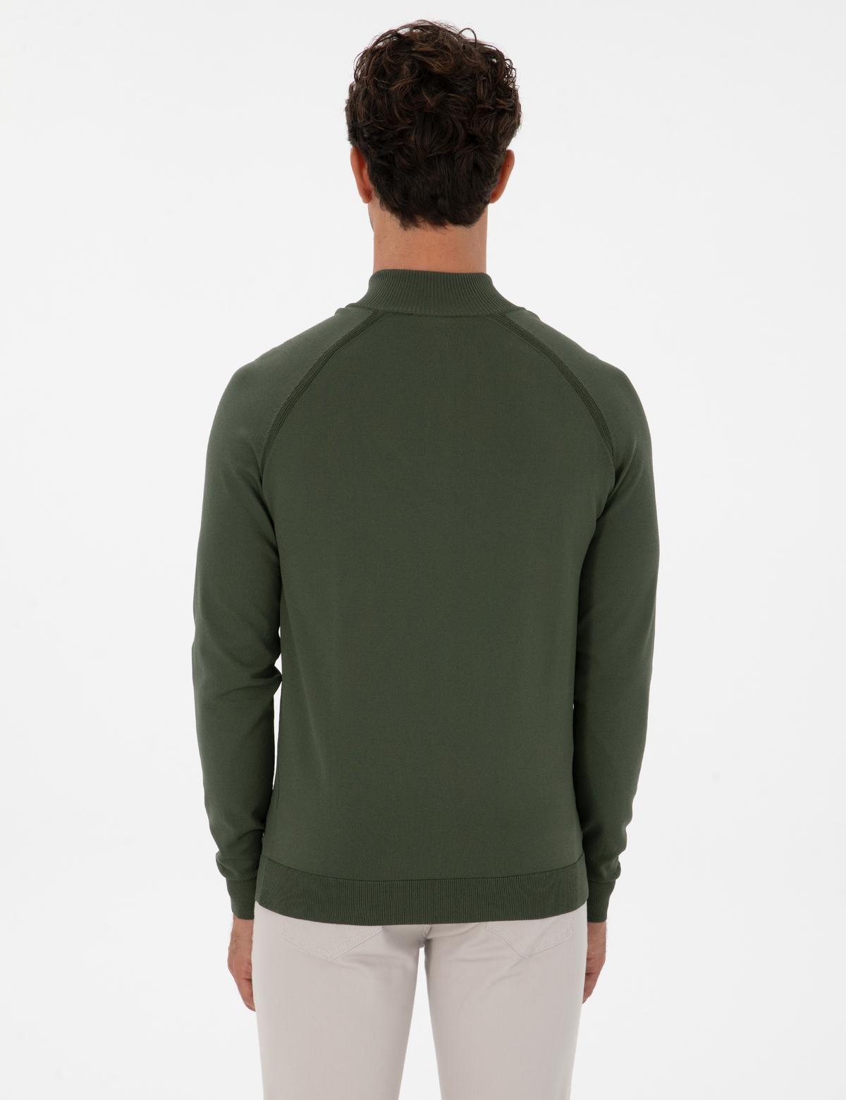 Koyu Haki Slim Fit Dik Yaka Fermuarlı Triko Kazak - 50315752029