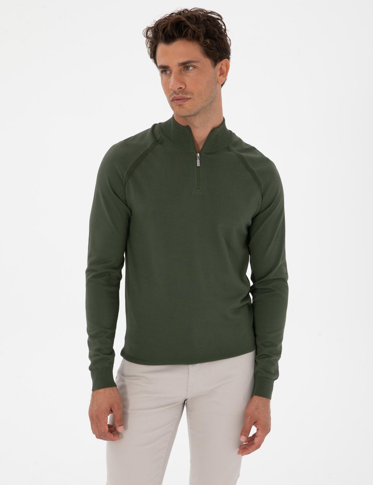 Koyu Haki Slim Fit Dik Yaka Fermuarlı Triko Kazak - 50315752029