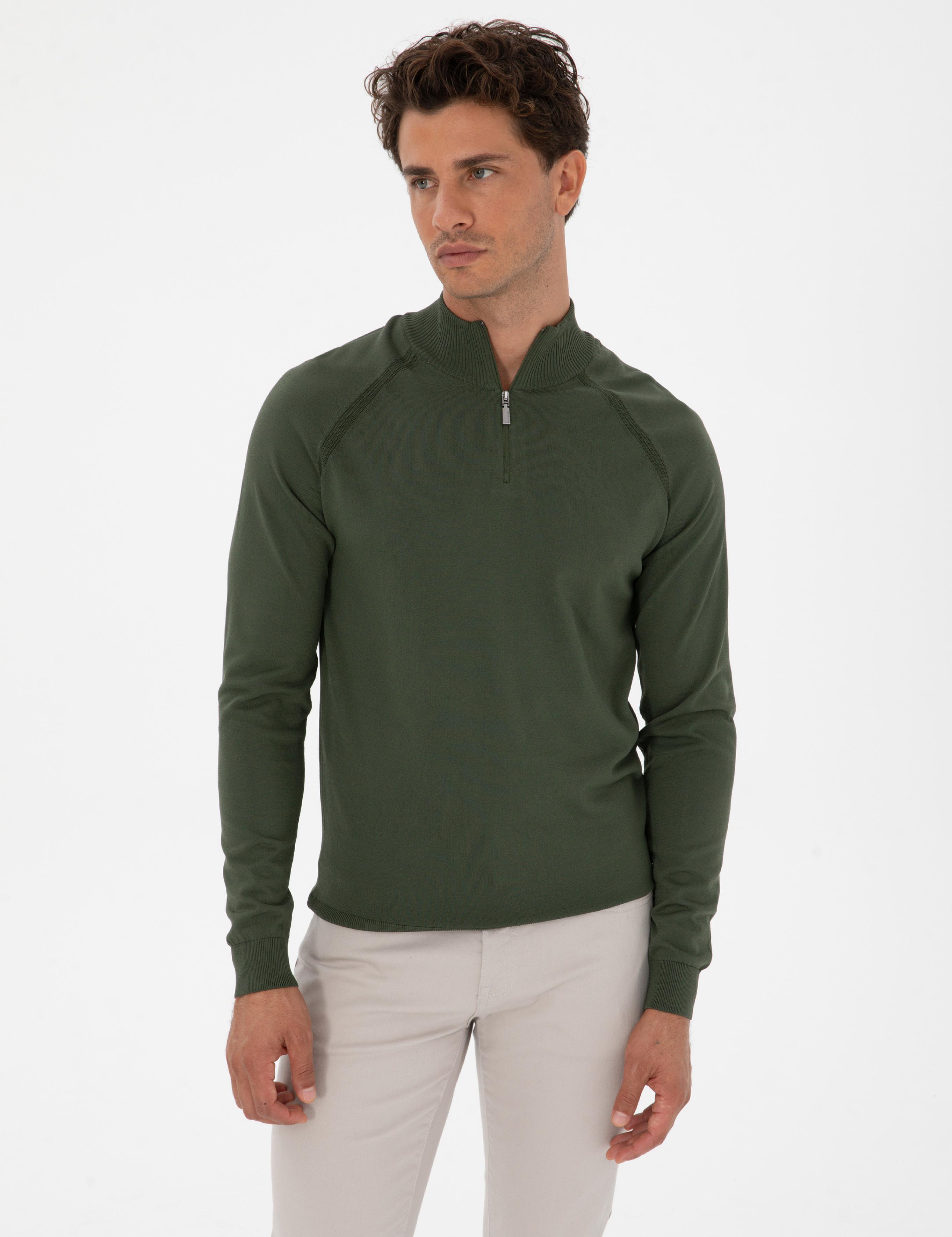 Koyu Haki Slim Fit Dik Yaka Fermuarlı Triko Kazak