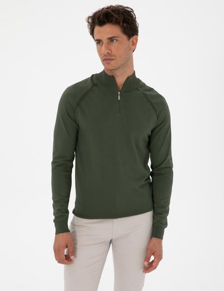 Koyu Haki Slim Fit Dik Yaka Fermuarlı Triko Kazak - 50315752029