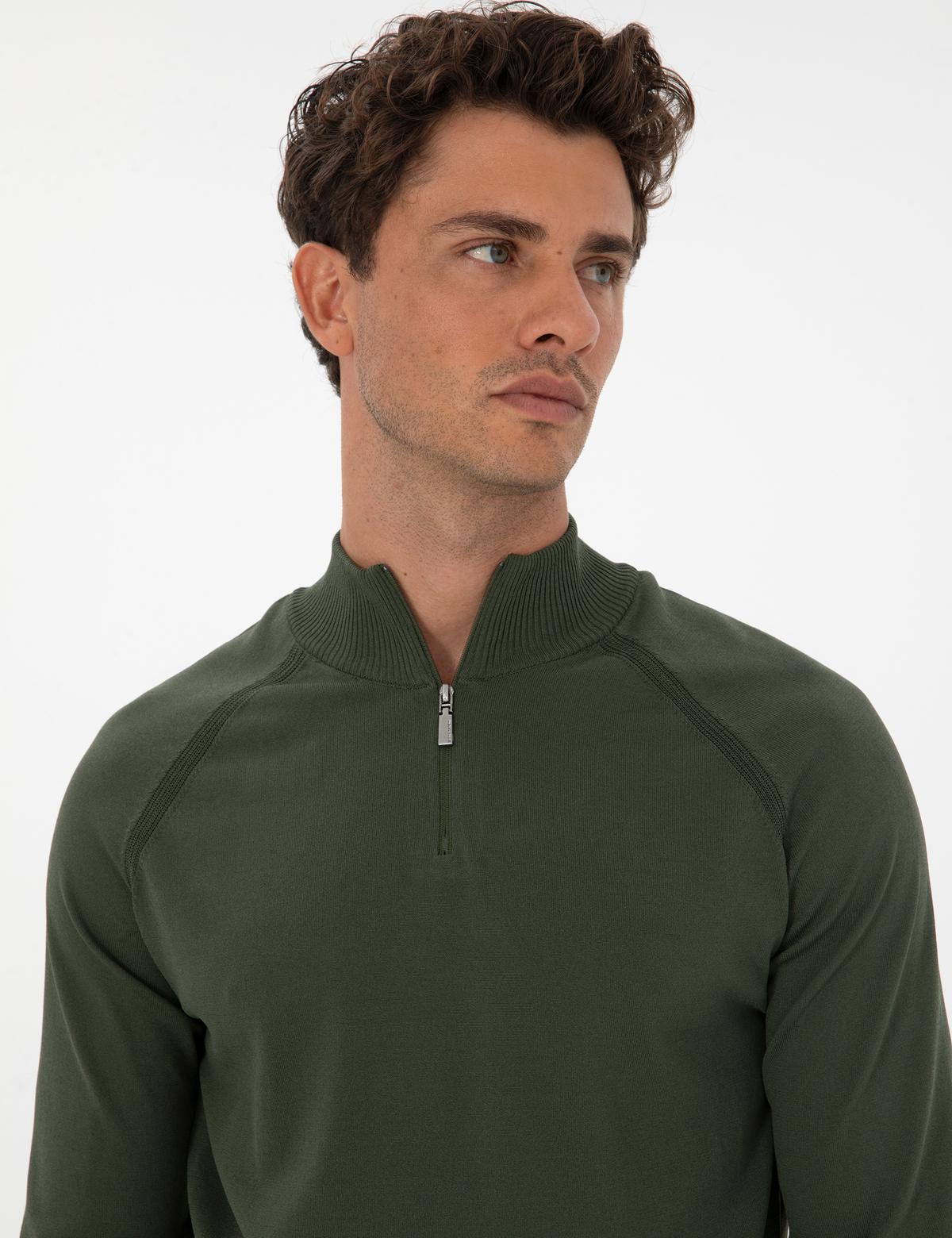 Koyu Haki Slim Fit Dik Yaka Fermuarlı Triko Kazak - 50315752029