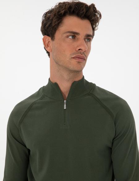 Koyu Haki Slim Fit Dik Yaka Fermuarlı Triko Kazak - 50315752029
