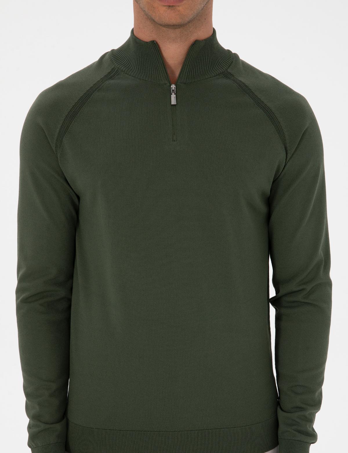 Koyu Haki Slim Fit Dik Yaka Fermuarlı Triko Kazak - 50315752029