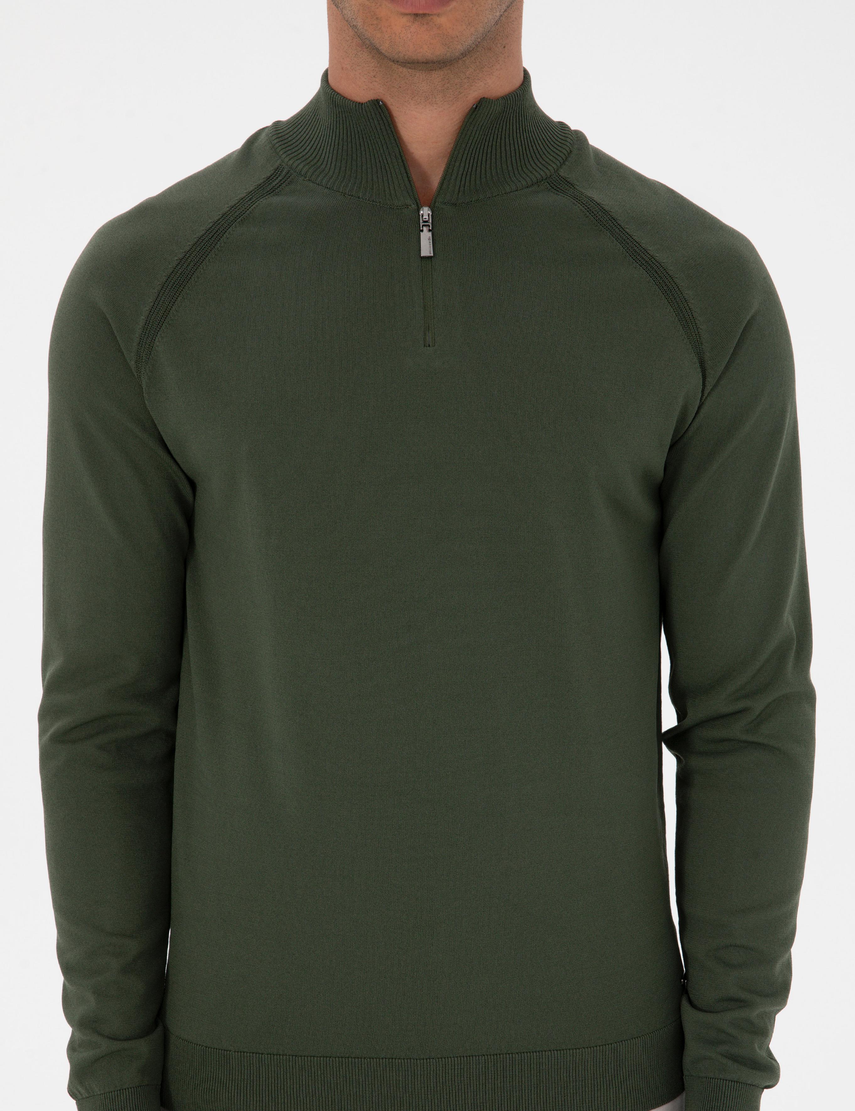 Koyu Haki Slim Fit Dik Yaka Fermuarlı Triko Kazak