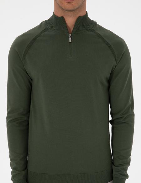 Koyu Haki Slim Fit Dik Yaka Fermuarlı Triko Kazak - 50315752029