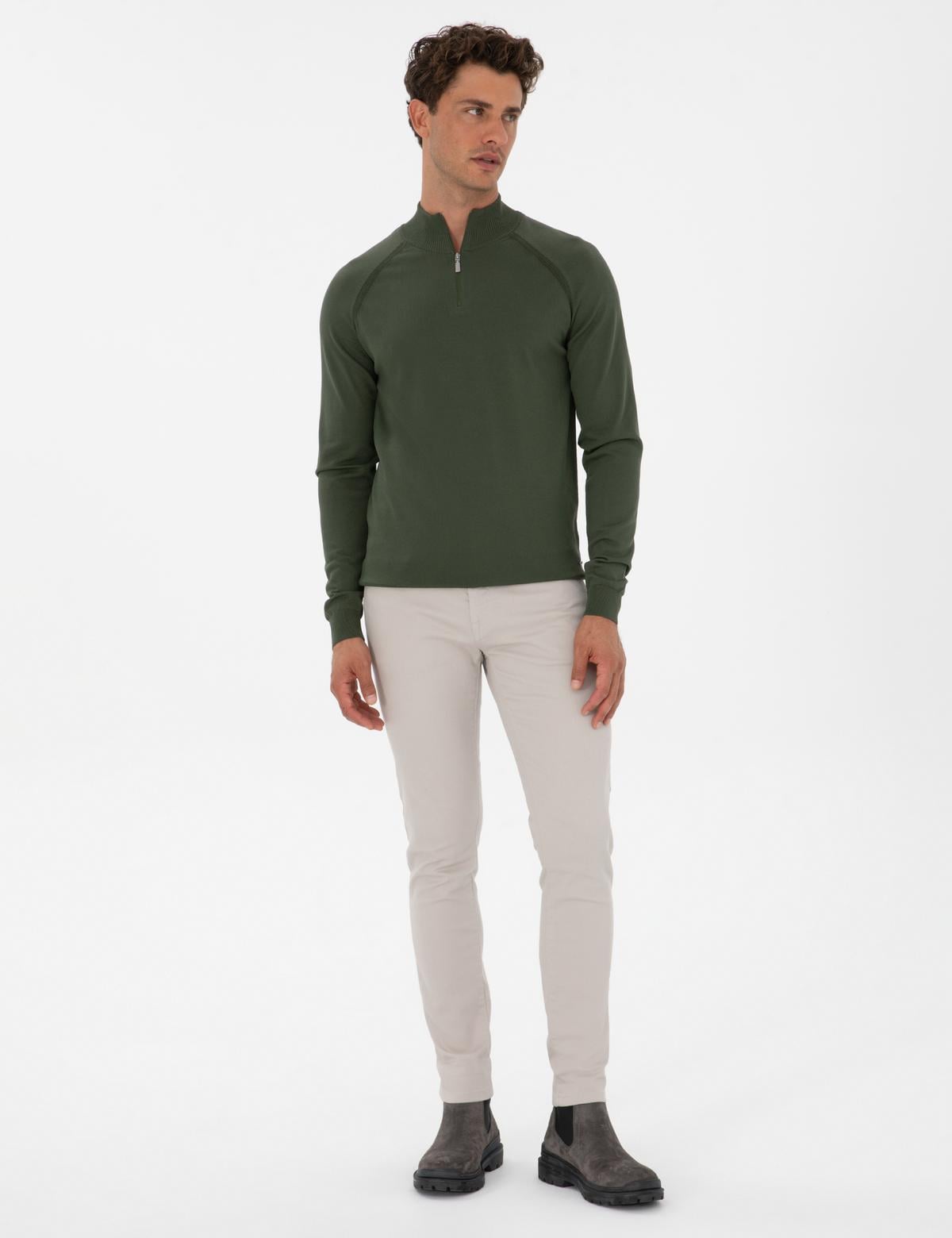 Koyu Haki Slim Fit Dik Yaka Fermuarlı Triko Kazak - 50315752029