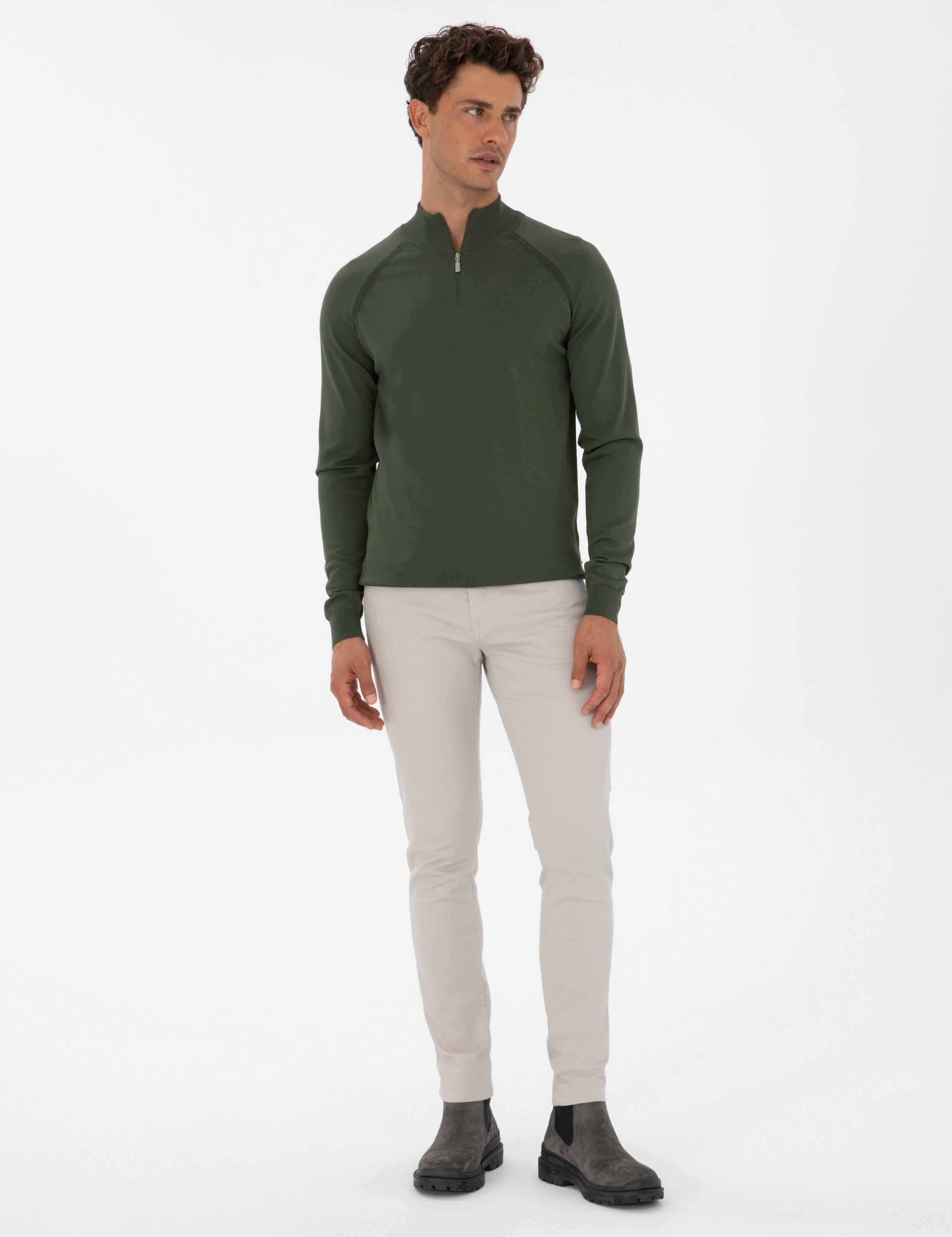 Koyu Haki Slim Fit Dik Yaka Fermuarlı Triko Kazak