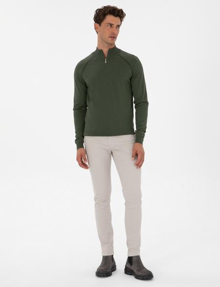 Koyu Haki Slim Fit Dik Yaka Fermuarlı Triko Kazak - 50315752029