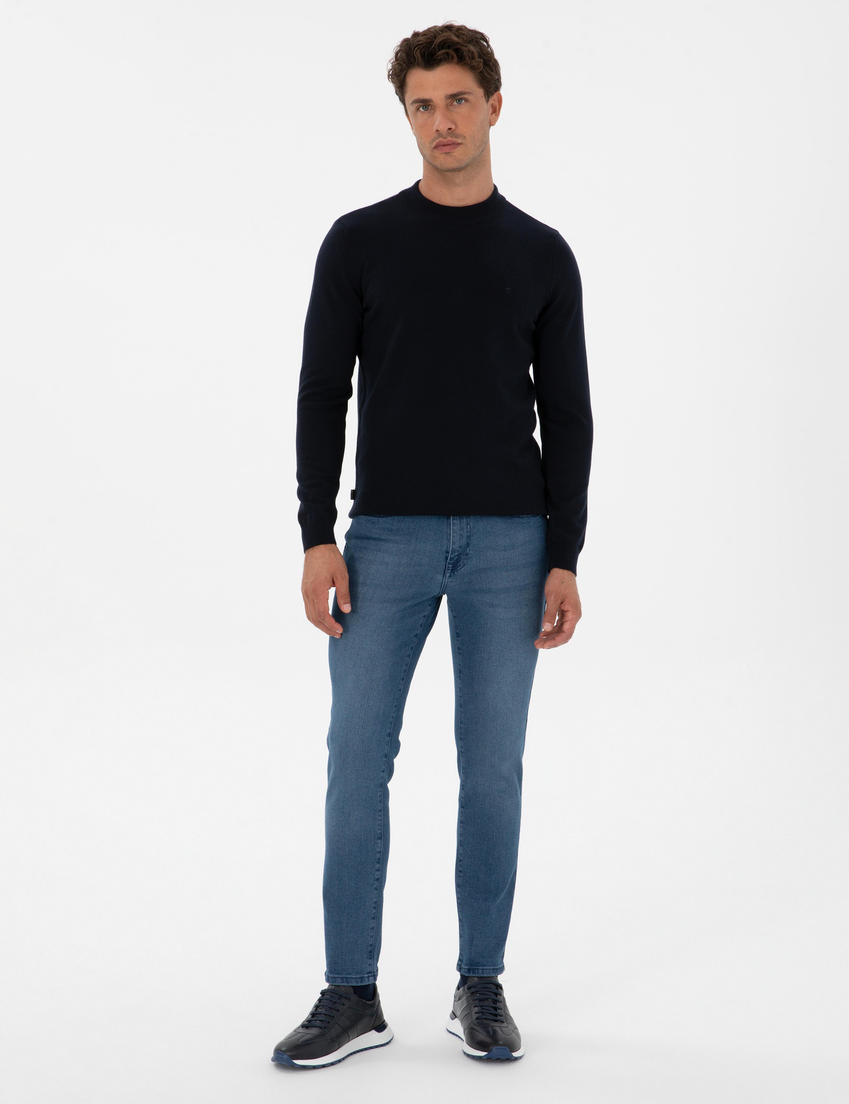 Lacivert Slim Fit Çeyrek Yaka Basic Triko Kazak