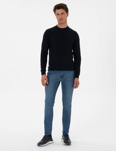 Lacivert Slim Fit Çeyrek Yaka Basic Triko Kazak
