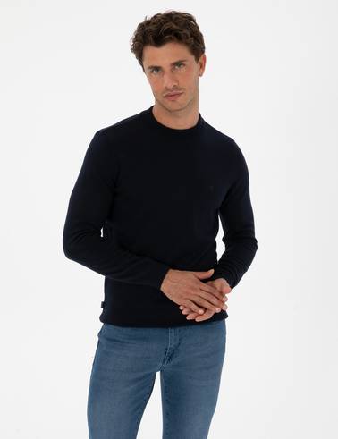 Lacivert Slim Fit Çeyrek Yaka Basic Triko Kazak