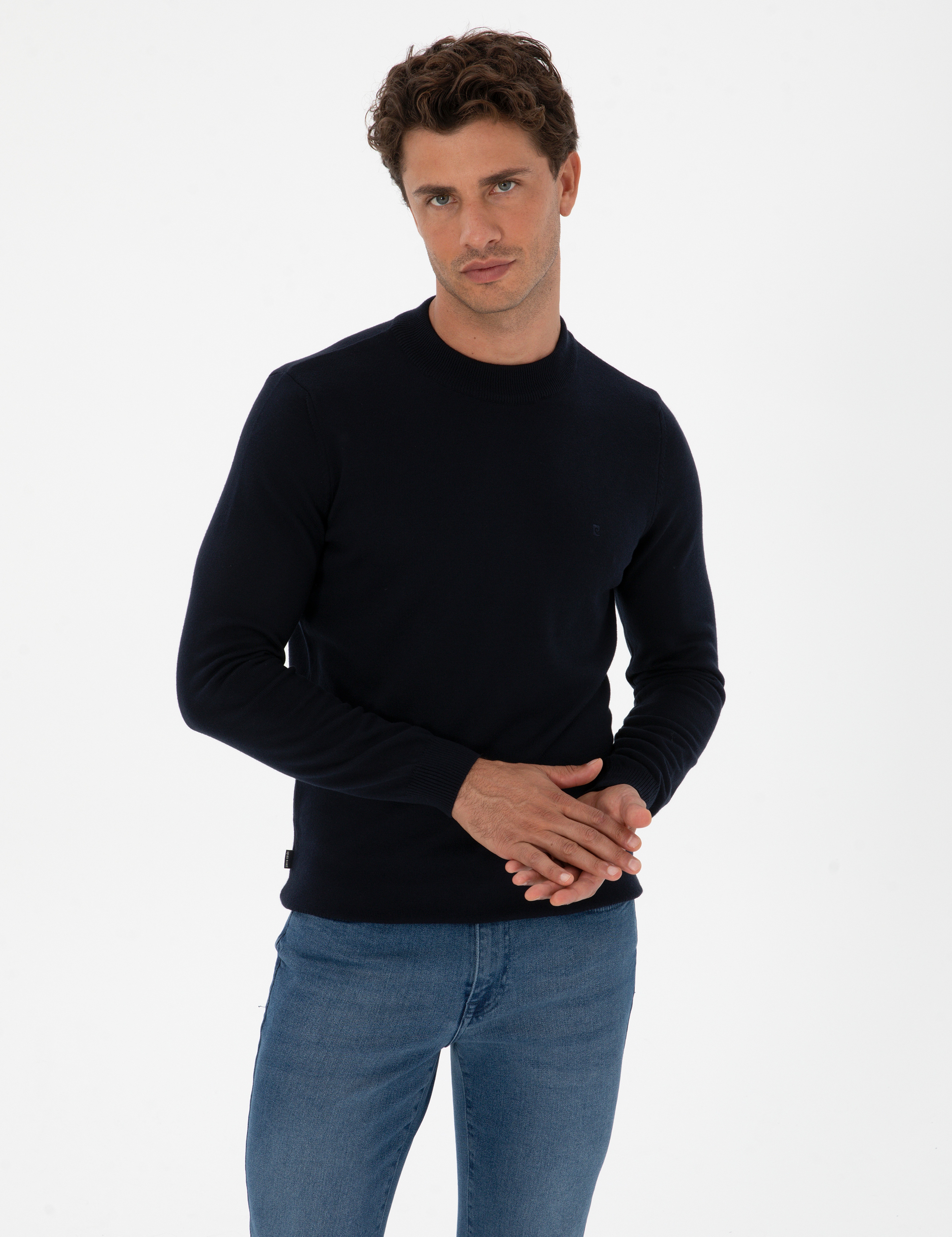 Lacivert Slim Fit Çeyrek Yaka Basic Triko Kazak - Image 3