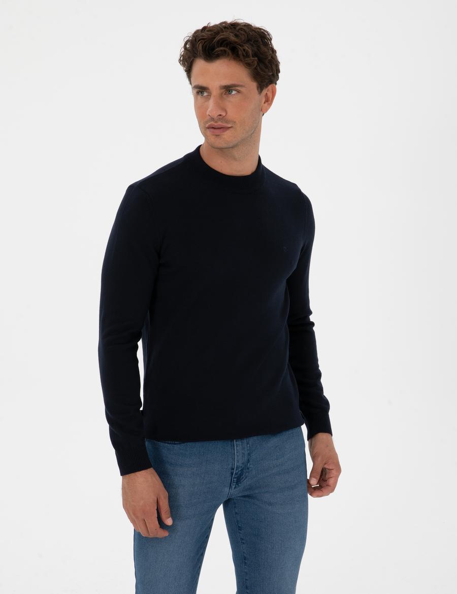 Lacivert Slim Fit Çeyrek Yaka Basic Triko Kazak