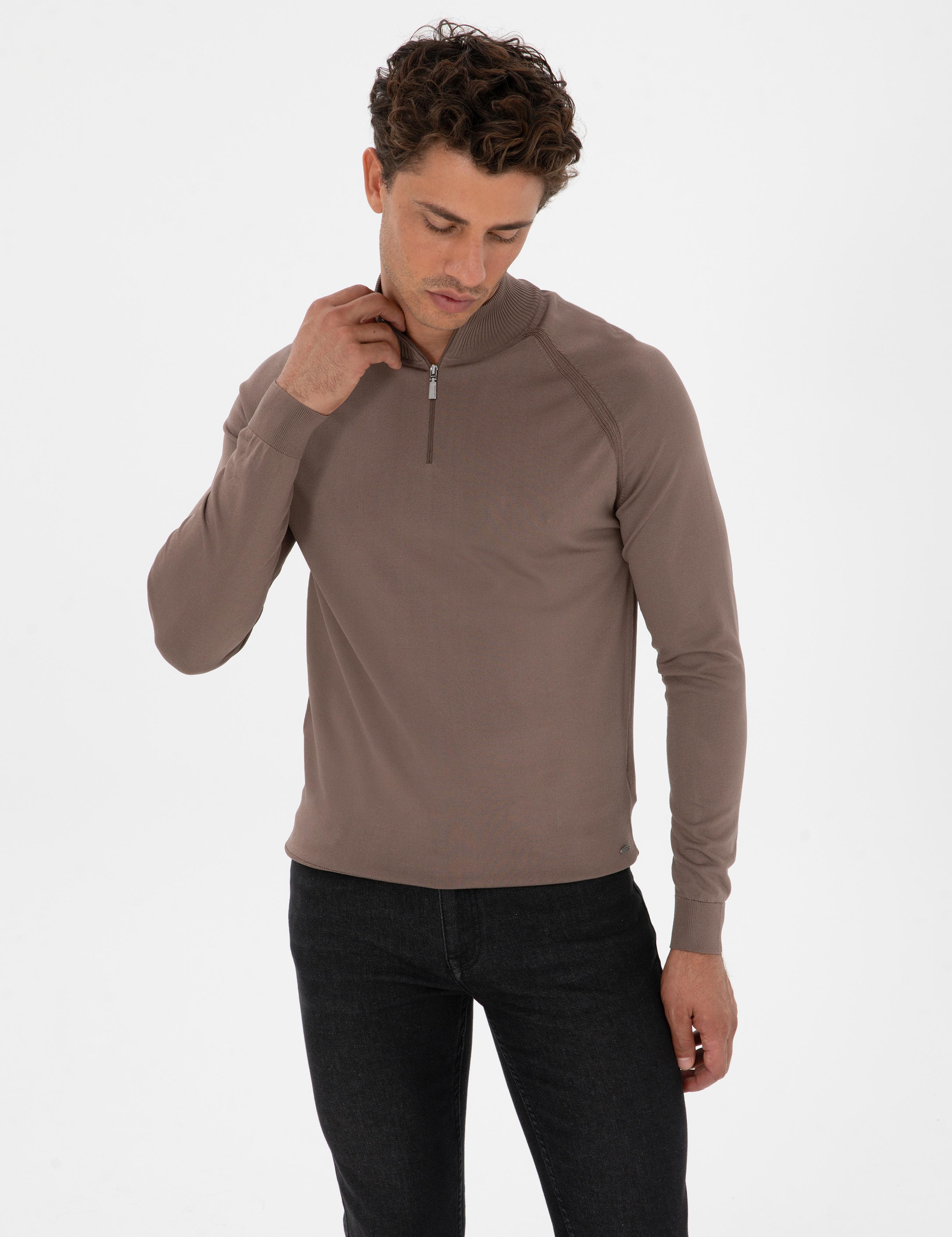 Vizon Slim Fit Dik Yaka Fermuarlı Triko Kazak