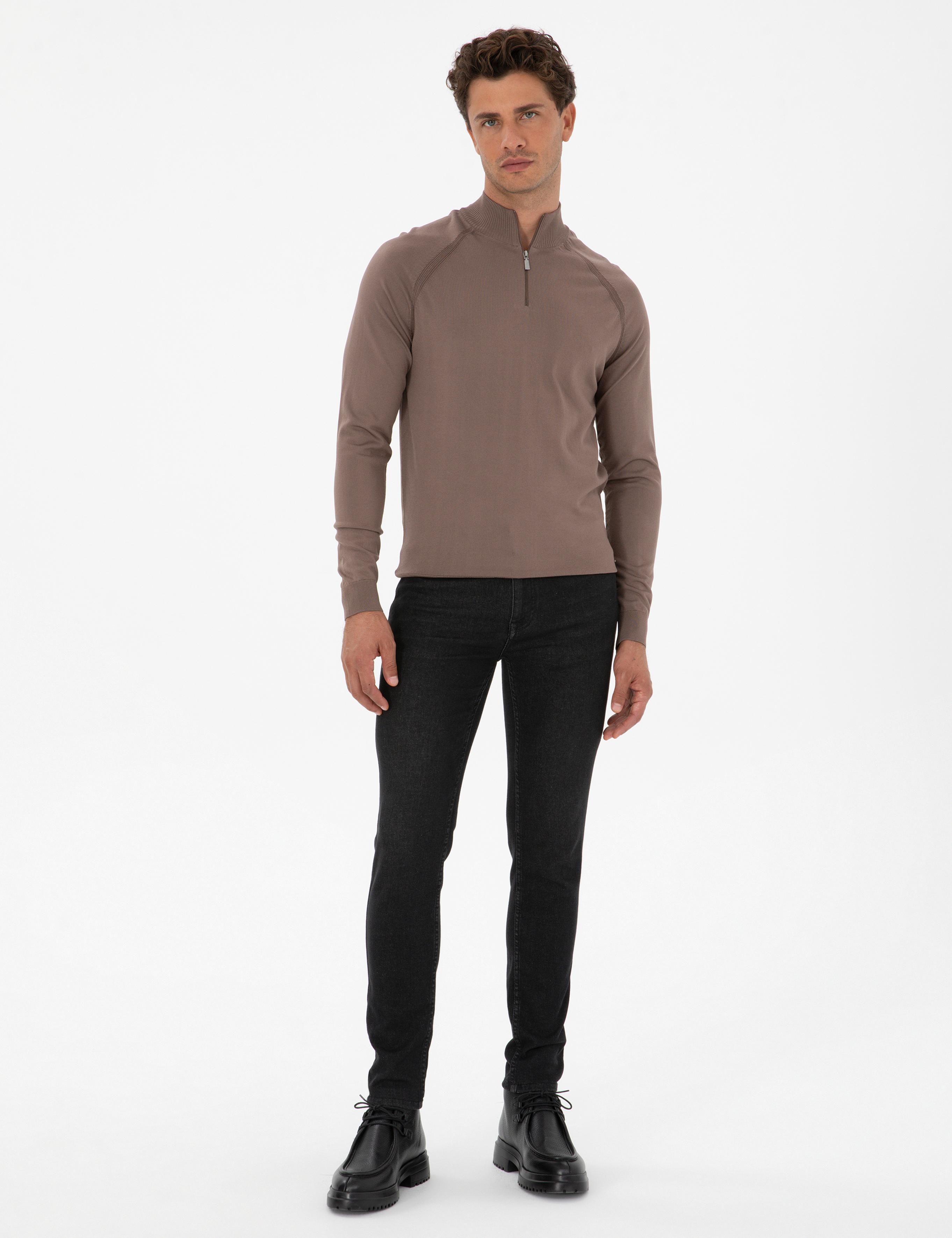 Vizon Slim Fit Dik Yaka Fermuarlı Triko Kazak