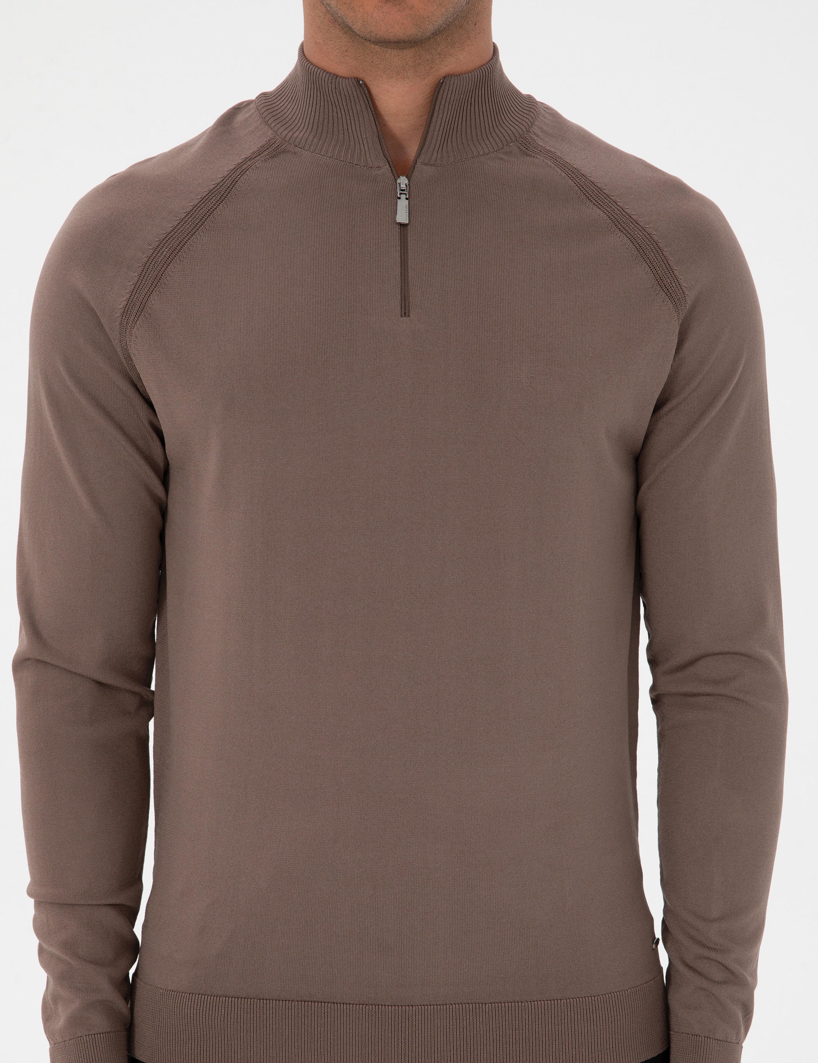 Vizon Slim Fit Dik Yaka Fermuarlı Triko Kazak