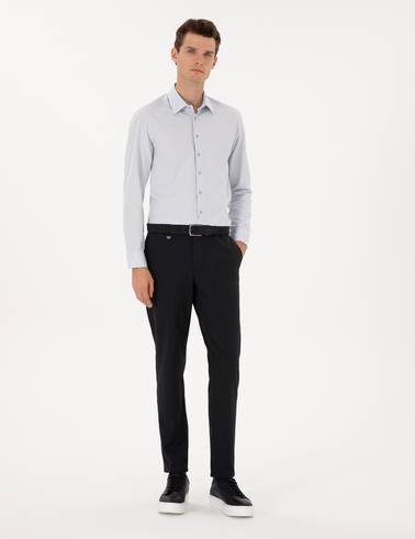 Gri Slim Fit Armürlü Uzun Kollu Gömlek