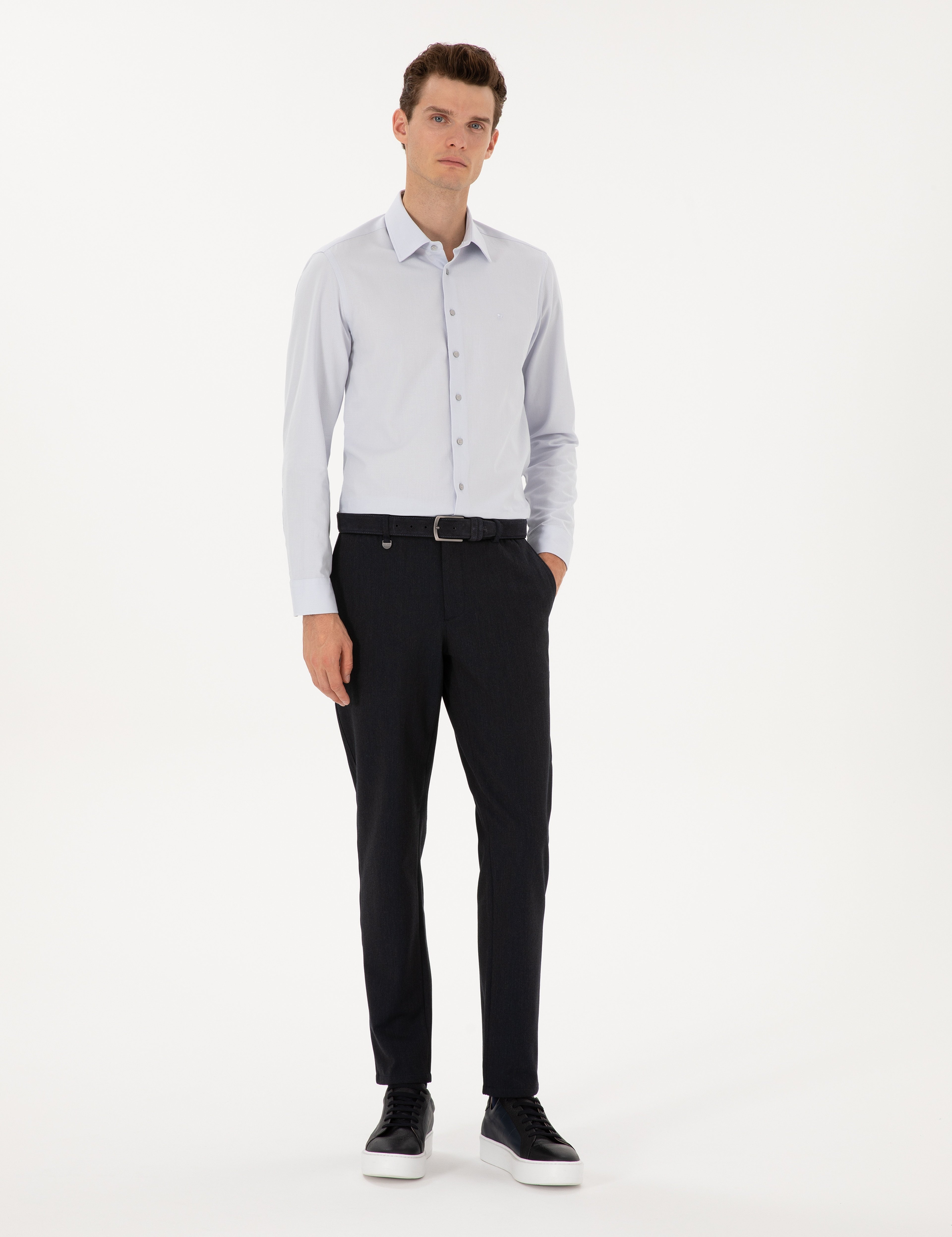 Gri Slim Fit Armürlü Uzun Kollu Gömlek - Image 4