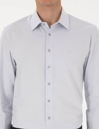 Gri Slim Fit Armürlü Uzun Kollu Gömlek