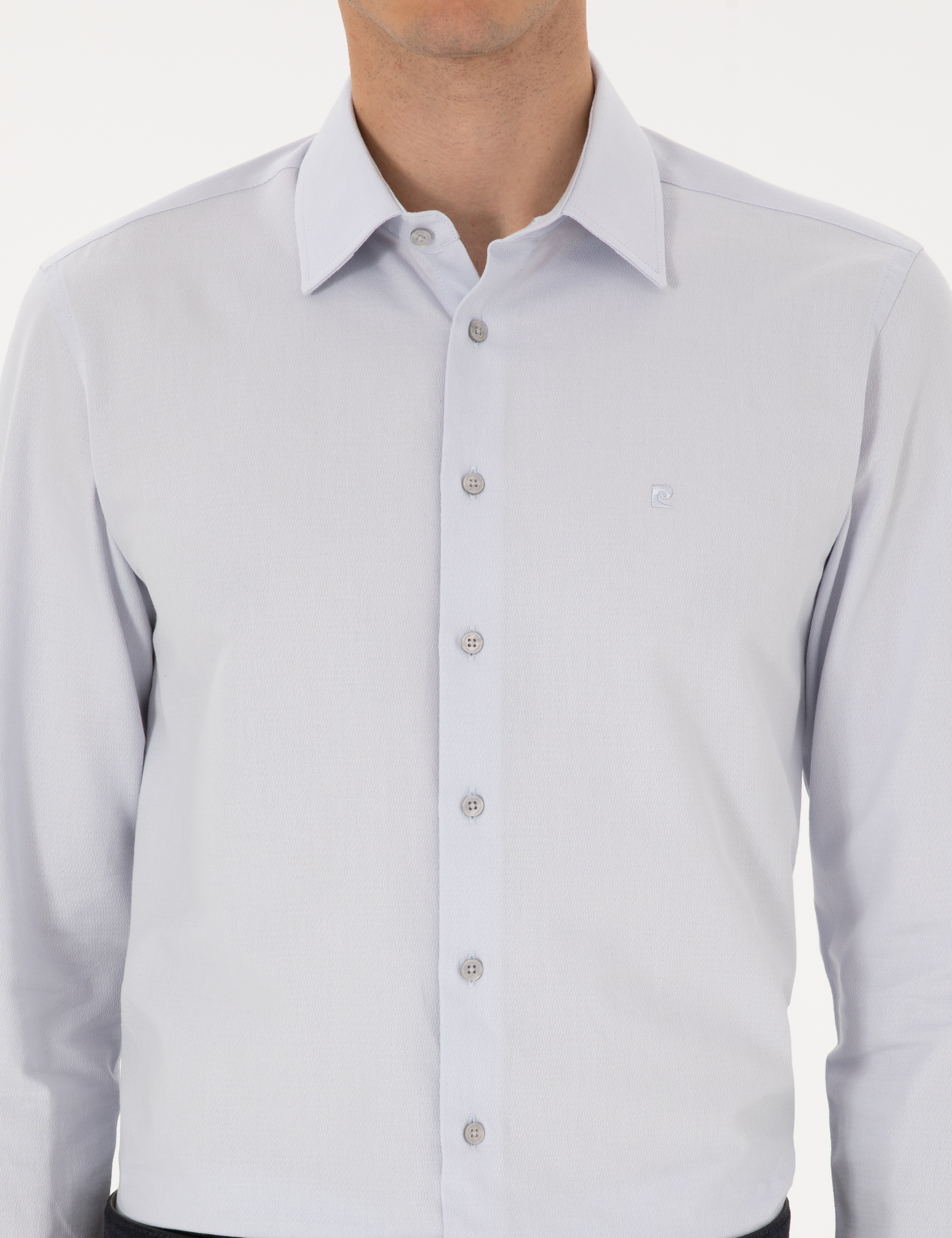 Gri Slim Fit Armürlü Uzun Kollu Gömlek - Image 6