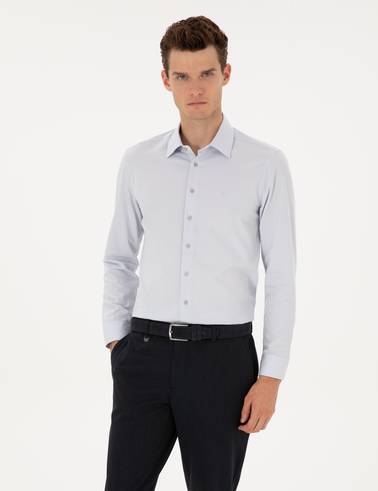 Gri Slim Fit Armürlü Uzun Kollu Gömlek