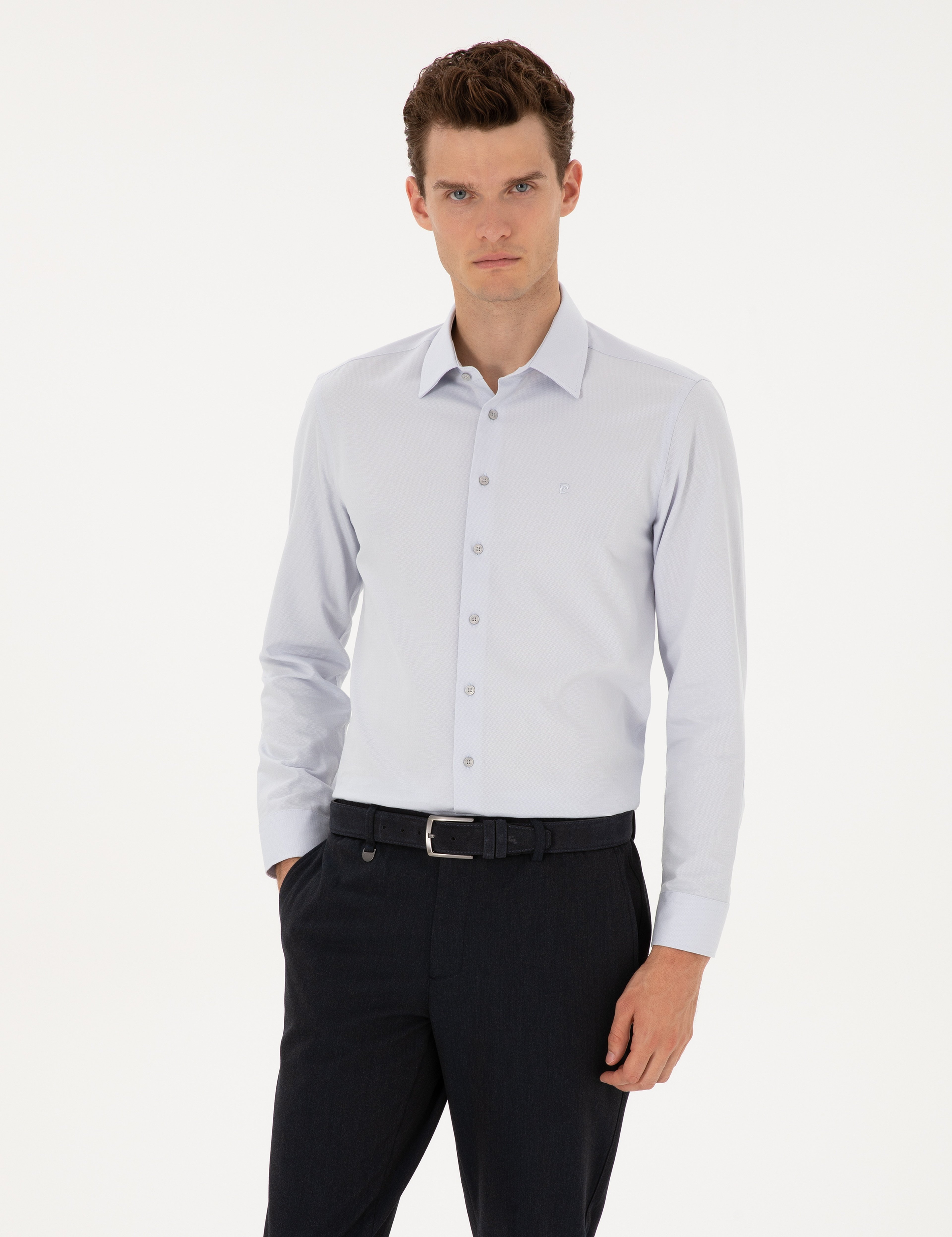 Gri Slim Fit Armürlü Uzun Kollu Gömlek - Image 1