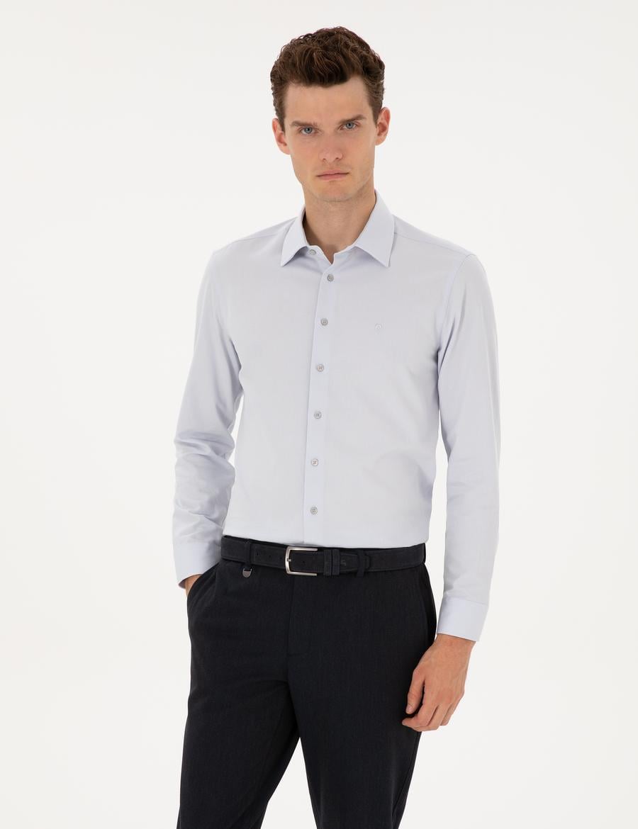 Gri Slim Fit Armürlü Uzun Kollu Gömlek