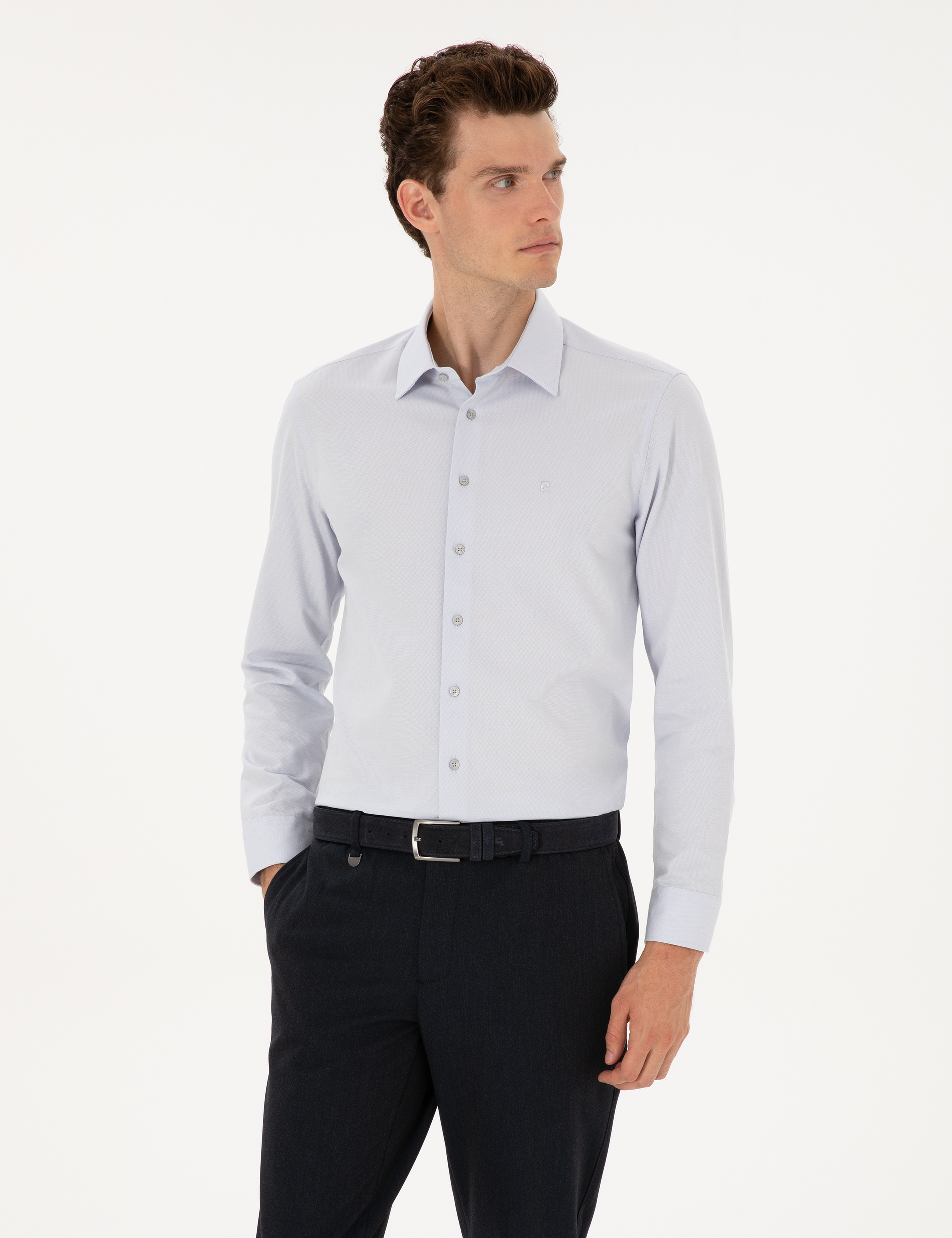 Gri Slim Fit Armürlü Uzun Kollu Gömlek