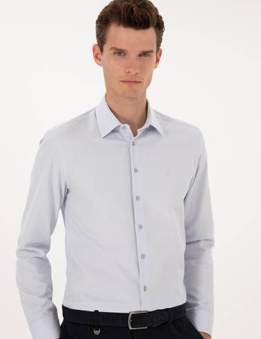 Gri Slim Fit Armürlü Uzun Kollu Gömlek
