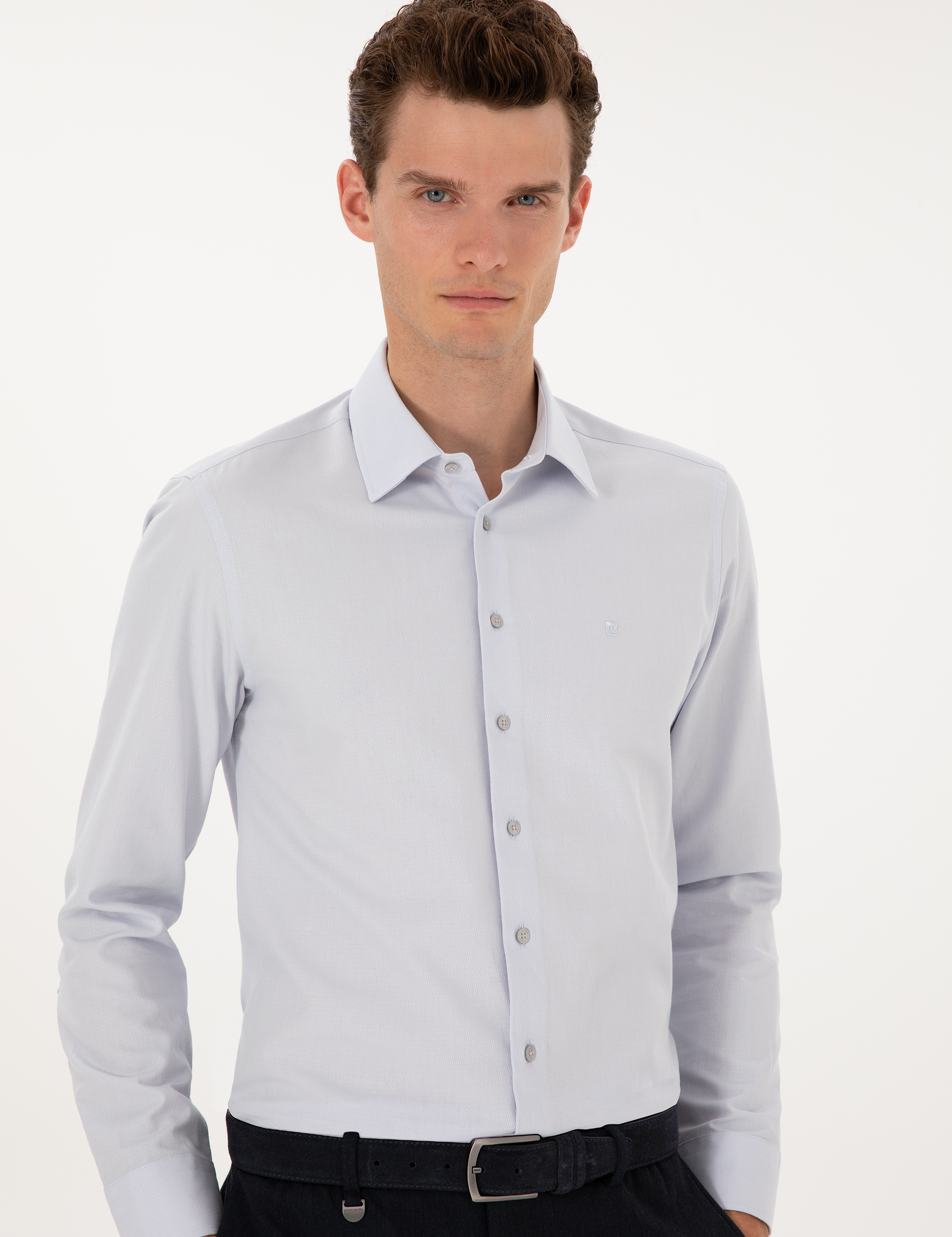Gri Slim Fit Armürlü Uzun Kollu Gömlek - Image 2