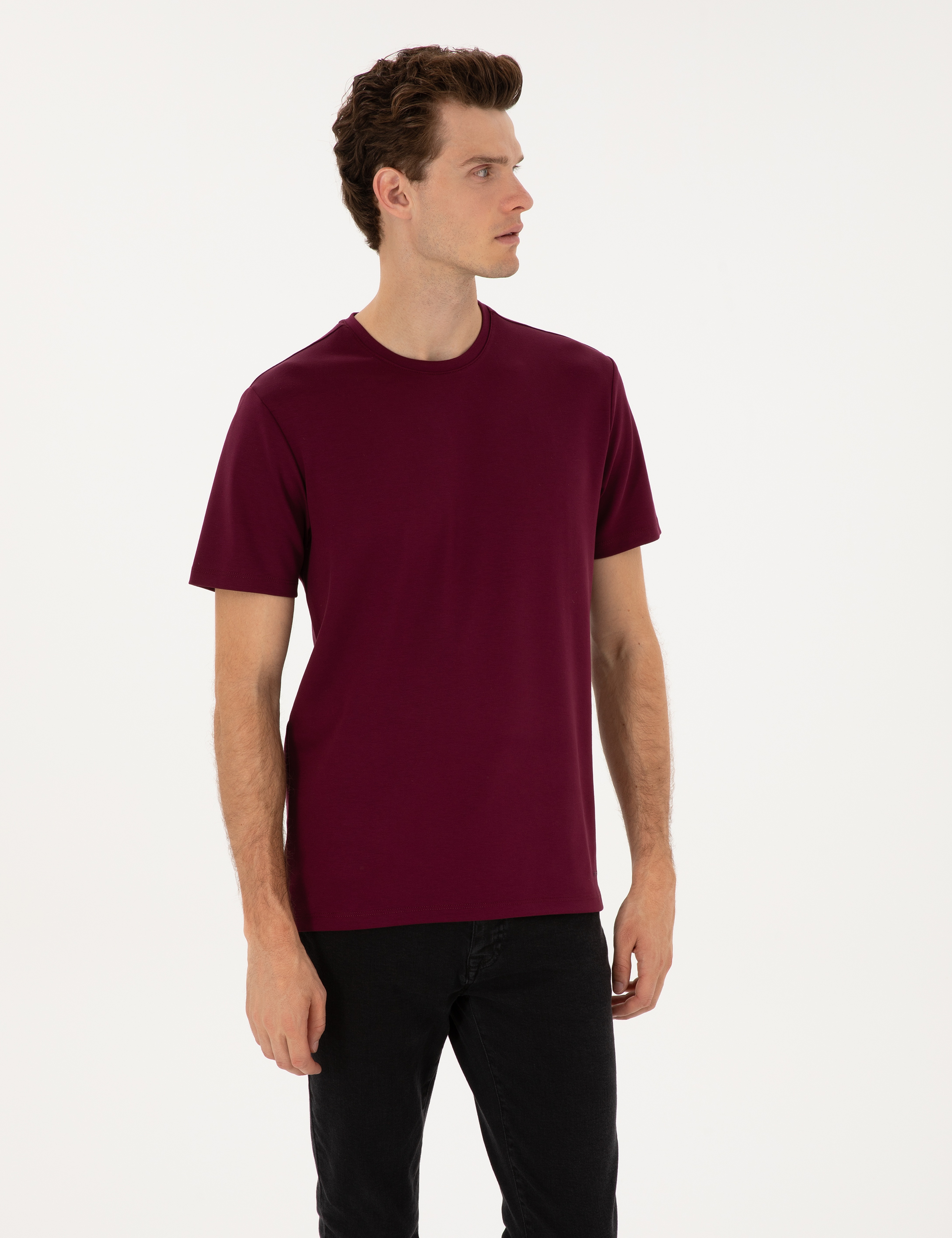 Bordo Regular Fit Kalın Dokulu Bisiklet Yaka Basic Tişört - Image 3