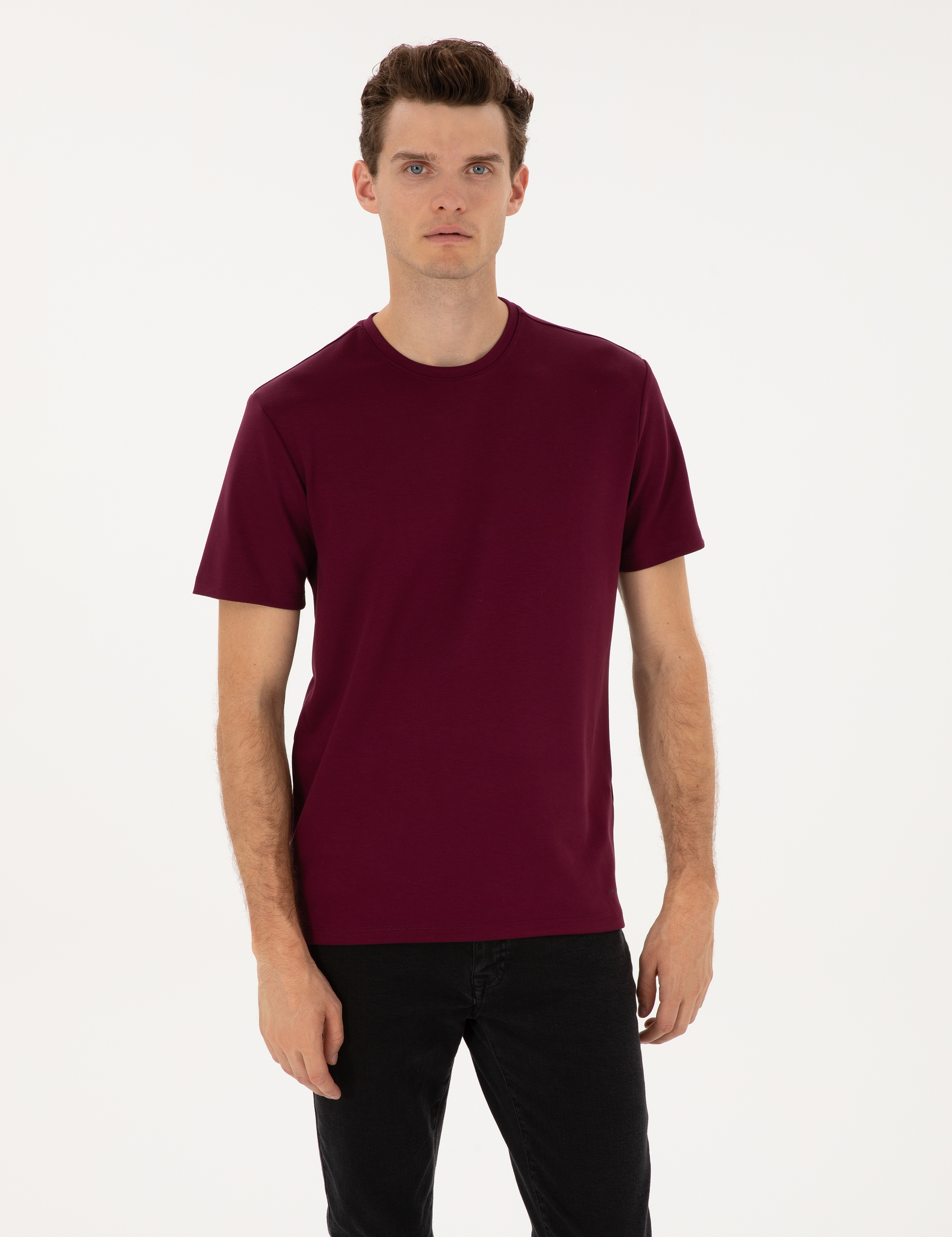 Bordo Regular Fit Kalın Dokulu Bisiklet Yaka Basic Tişört - Image 1