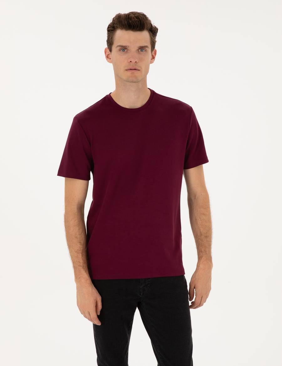 Bordo Regular Fit Kalın Dokulu Bisiklet Yaka Basic Tişört